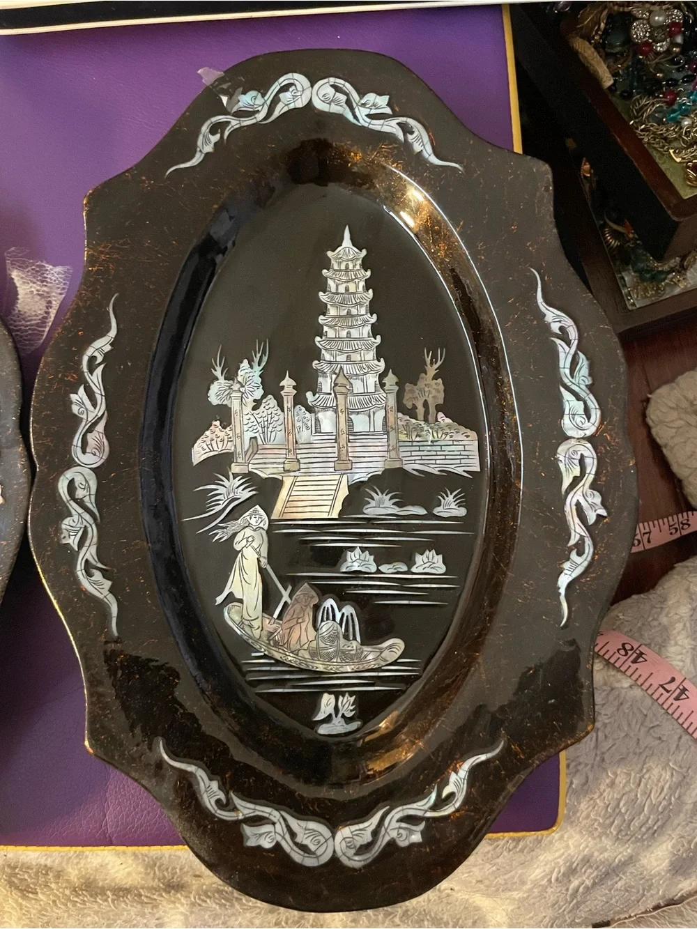 Hand-Painted Black Lacquer Decorative Serving Trays with Mother-of-Pearl Inlay